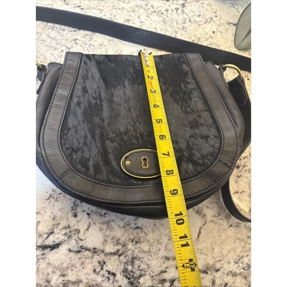 BTG FOSSIL REISSUE Black Leather Flap Calf Hair Crossbody Purse Saddle Bag READ